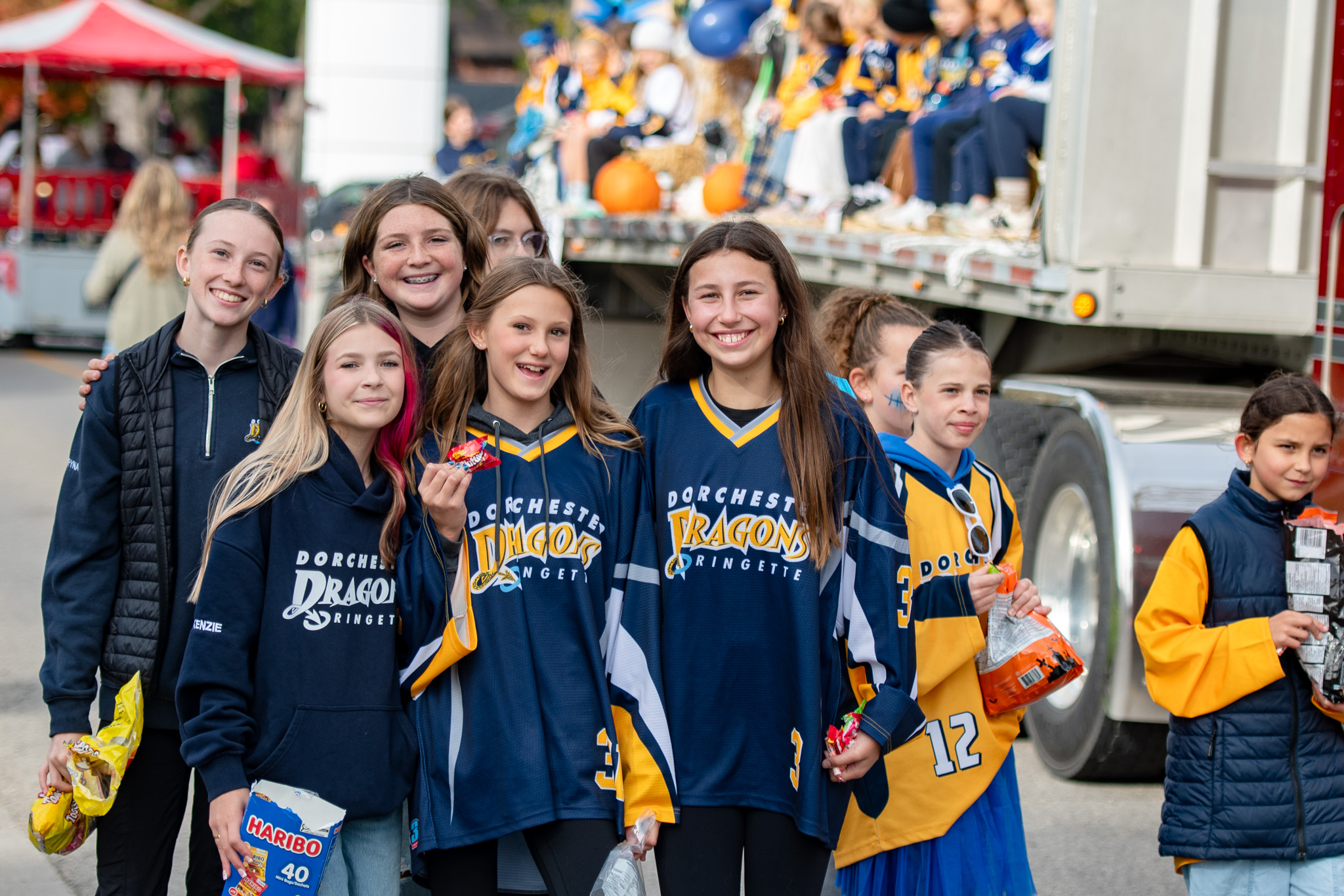 Friendly smiles from members of Dorchester Dragons ringette teams.