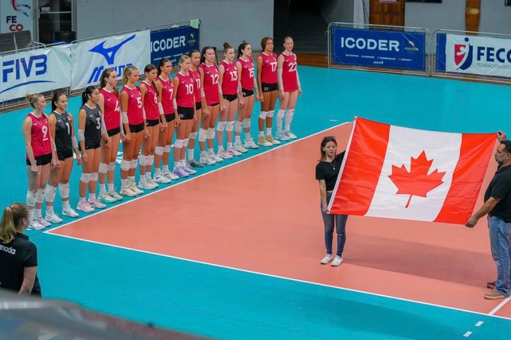 Avery Bradish (10) at attention for the playing of the Canadian anthem.