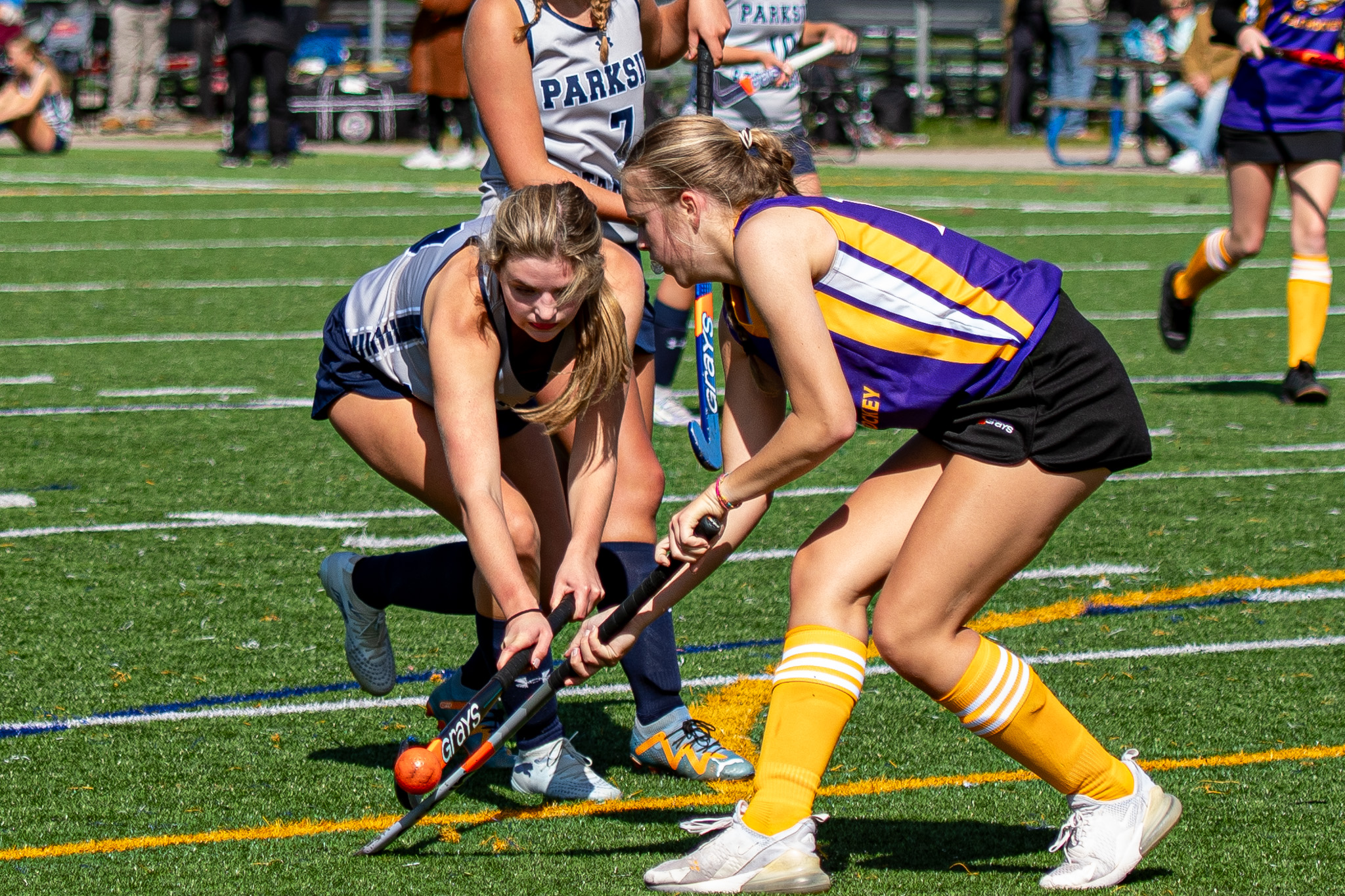 Parkside Stampeders Isabel Rodgers, left, and East Elgin Eagles Brinlee Duffield battle for the possession of the ball.
