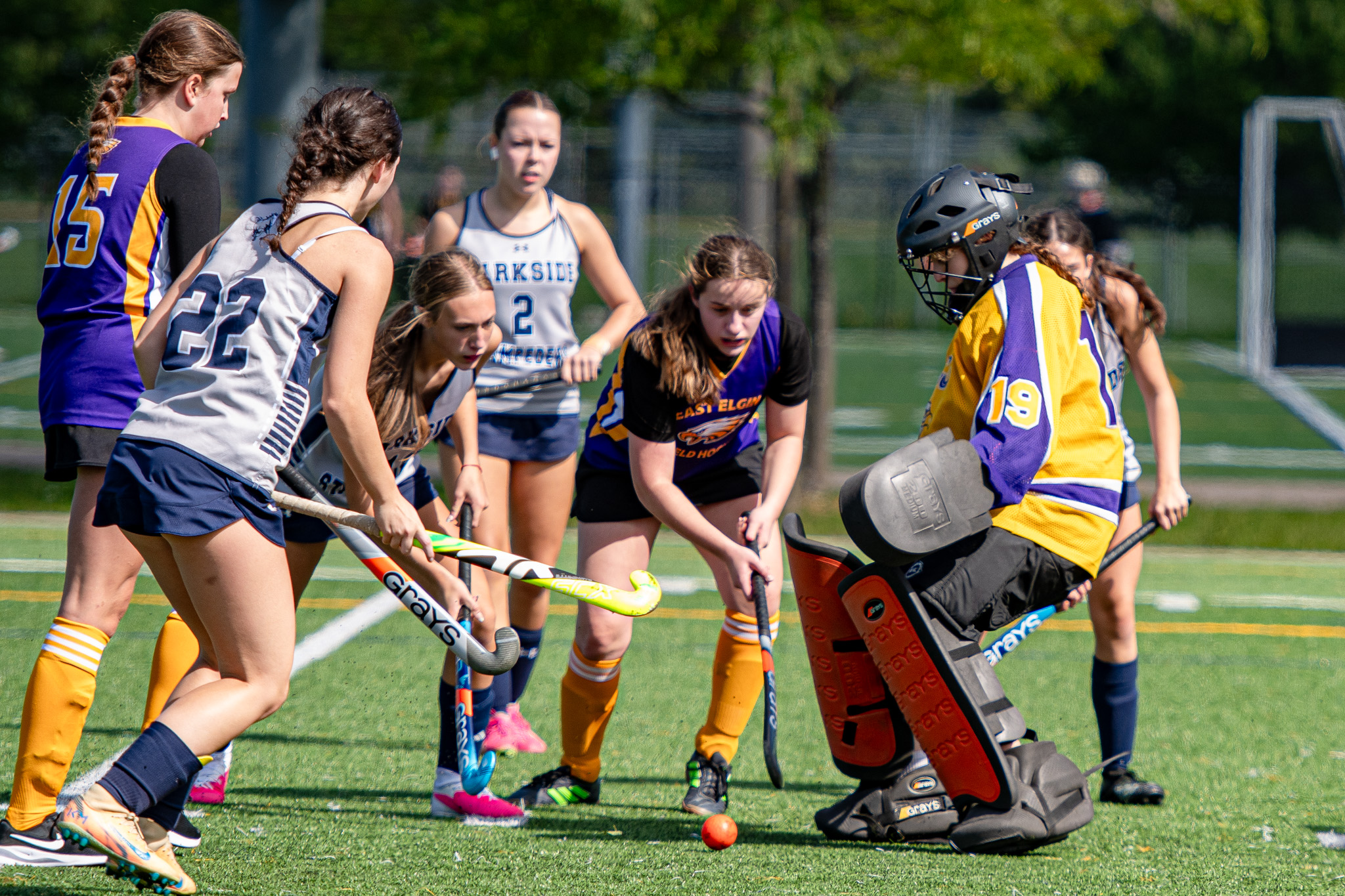 East Elgin Eagles goalie Lexi Cloud stops a Parkside Stampeders shot.