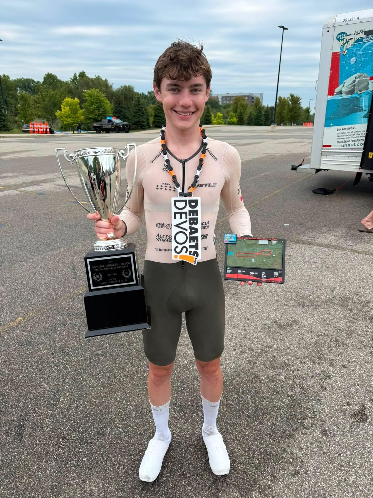 Brody Mann with the hardware from winning the men's criterium road race Debaerts Devos Pro Am.